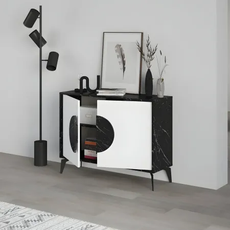 Madia Soggiorno Moderna 110 cm Bianco Nero Effetto Marmo Piedini