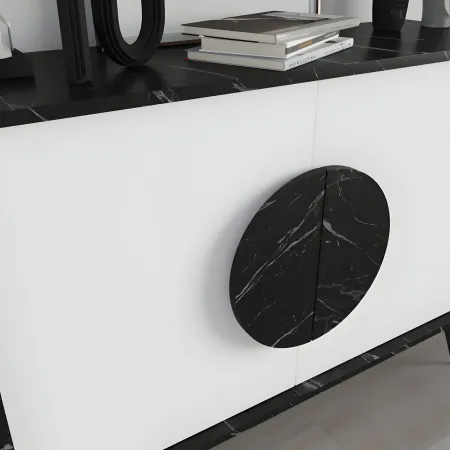 Madia Soggiorno Moderna 110 cm Bianco Nero Effetto Marmo Piedini