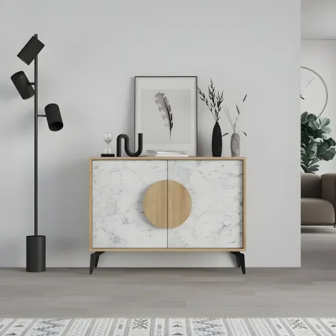 Madia Soggiorno Moderna 110 cm Rovere Bianco Effetto Marmo Piedini