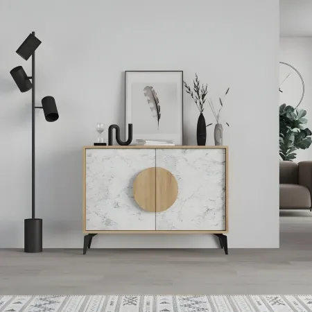 Madia Soggiorno Moderna 110 cm Rovere Bianco Effetto Marmo Piedini