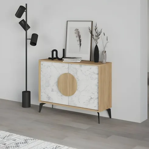 Madia Soggiorno Moderna 110 cm Rovere Bianco Effetto Marmo Piedini
