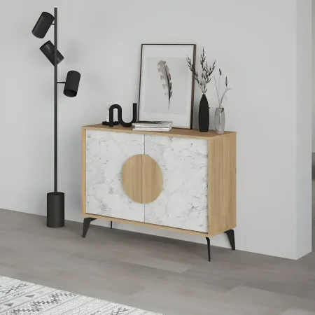 Madia Soggiorno Moderna 110 cm Rovere Bianco Effetto Marmo Piedini