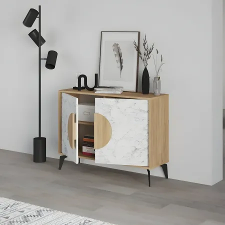 Madia Soggiorno Moderna 110 cm Rovere Bianco Effetto Marmo Piedini