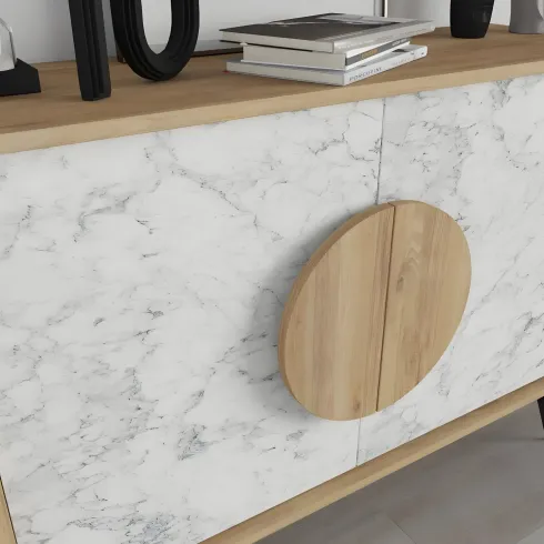 Madia Soggiorno Moderna 110 cm Rovere Bianco Effetto Marmo Piedini