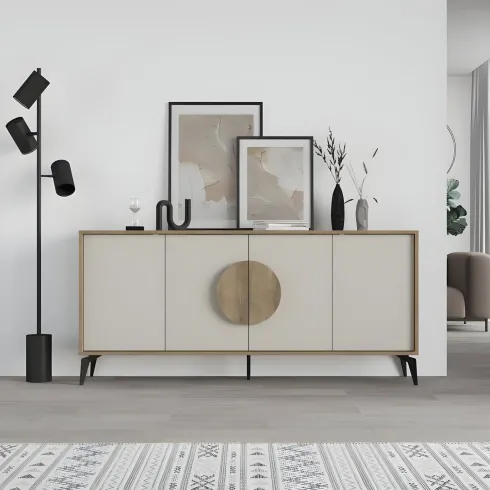 Madia Soggiorno Moderna 180 cm 4 Ante Beige Struttura Noce Piedini