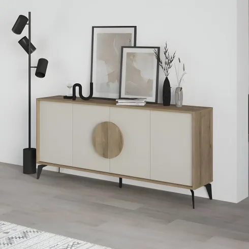 Madia Soggiorno Moderna 180 cm 4 Ante Beige Struttura Noce Piedini