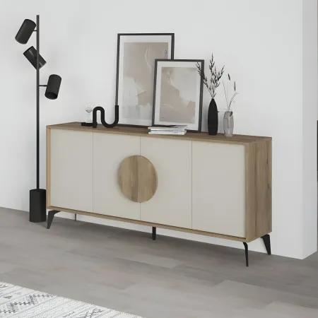 Madia Soggiorno Moderna 180 cm 4 Ante Beige Struttura Noce Piedini