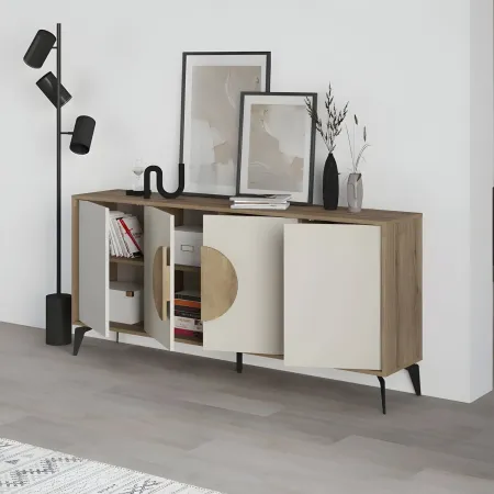 Madia Soggiorno Moderna 180 cm 4 Ante Beige Struttura Noce Piedini