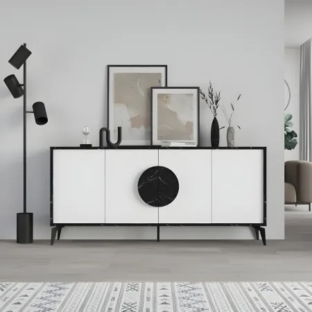 Madia Soggiorno Moderna 180 cm 4 Ante Bianco Nero Effetto Marmo Moderno
