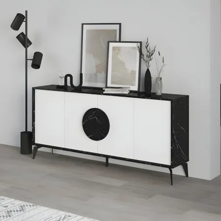 Madia Soggiorno Moderna 180 cm 4 Ante Bianco Nero Effetto Marmo Moderno