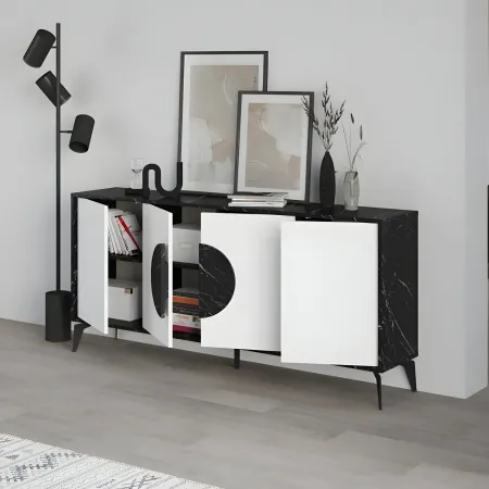 Madia Soggiorno Moderna 180 cm 4 Ante Bianco Nero Effetto Marmo Moderno