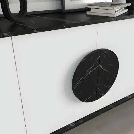 Madia Soggiorno Moderna 180 cm 4 Ante Bianco Nero Effetto Marmo Moderno