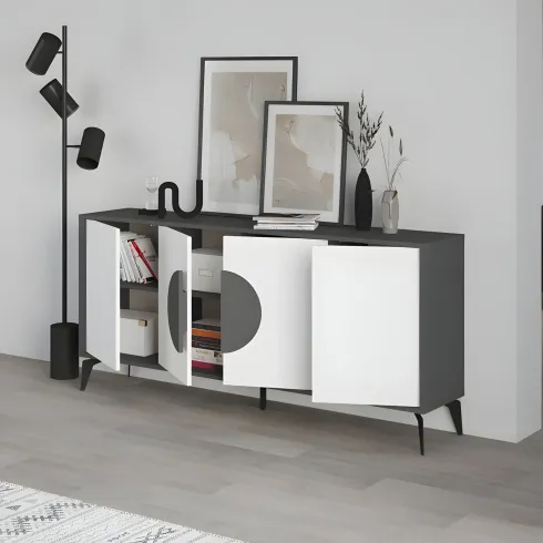 Madia Soggiorno Moderna 180 cm 4 Ante Bianco Antracite Moderno Piedini