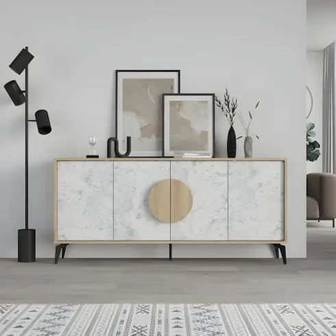 Madia Soggiorno Moderna 180 cm Rovere 4 Ante Effetto Marmo Piedini