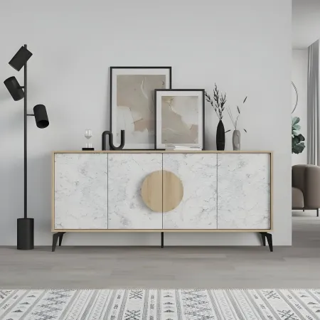 Madia Soggiorno Moderna 180 cm Rovere 4 Ante Effetto Marmo Piedini