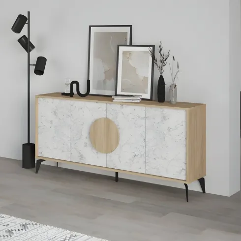 Madia Soggiorno Moderna 180 cm Rovere 4 Ante Effetto Marmo Piedini