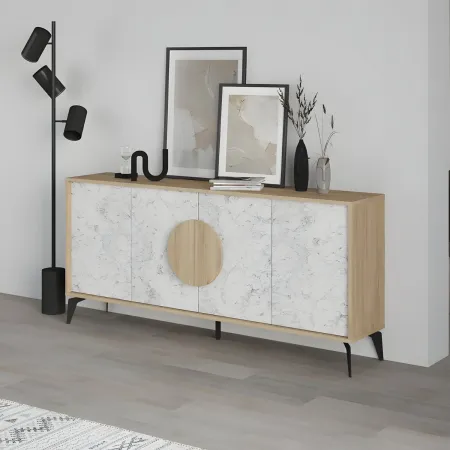 Madia Soggiorno Moderna 180 cm Rovere 4 Ante Effetto Marmo Piedini