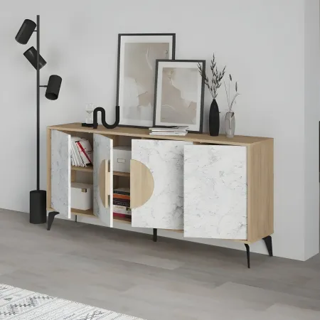 Madia Soggiorno Moderna 180 cm Rovere 4 Ante Effetto Marmo Piedini