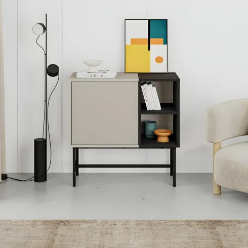 Mobile Soggiorno Moderno Basso 1 Anta Beige Nero 2 Vani a Giorno