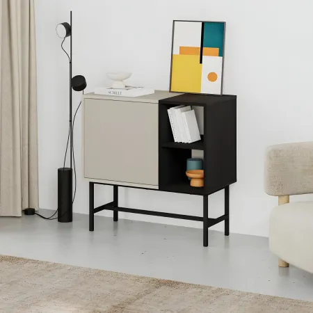 Mobile Soggiorno Moderno Basso 1 Anta Beige Nero 2 Vani a Giorno