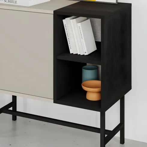 Mobile Soggiorno Moderno Basso 1 Anta Beige Nero 2 Vani a Giorno