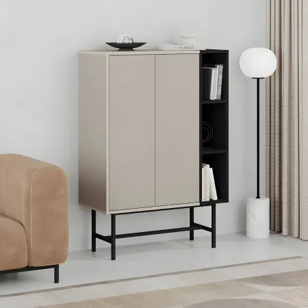 Mobile Soggiorno Moderno Alto con 2 Ante Beige Nero 3 Vani a Giorno