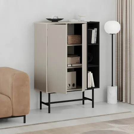 Mobile Soggiorno Moderno Alto con 2 Ante Beige Nero 3 Vani a Giorno