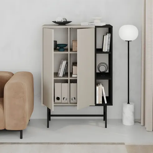 Mobile Soggiorno Moderno Alto con 2 Ante Beige Nero 3 Vani a Giorno