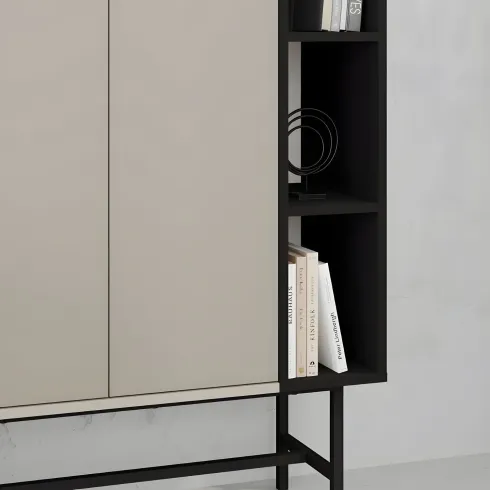 Mobile Soggiorno Moderno Alto con 2 Ante Beige Nero 3 Vani a Giorno