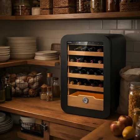 Cantinetta Vino 36 Bottiglie 5 Ripiani in Legno Classe G Nero Luci LED