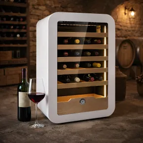 Cantinetta Vino 36 Bottiglie 5 Ripiani in Legno Classe G Bianco LED 2