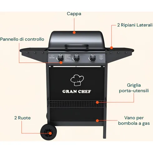 Barbecue a Gas da Esterno 107x55x95,5H cm a 3 Fuochi Acciaio Nero