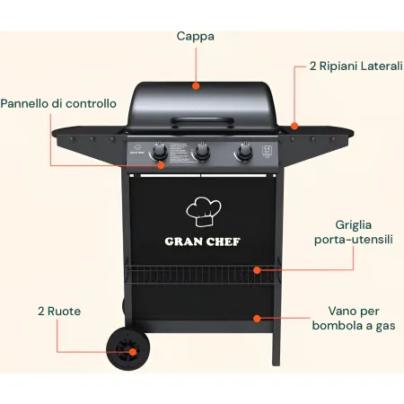 Barbecue a Gas da Esterno 107x55x95,5H cm a 3 Fuochi Acciaio Nero