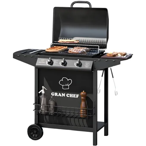 Barbecue a Gas da Esterno 107x55x95,5H cm a 3 Fuochi Acciaio Nero
