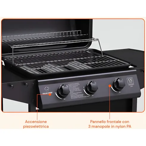 Barbecue a Gas da Esterno 107x55x95,5H cm a 3 Fuochi Acciaio Nero