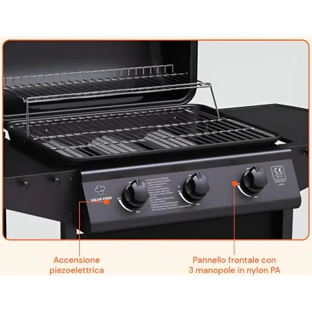 Barbecue a Gas da Esterno 107x55x95,5H cm a 3 Fuochi Acciaio Nero