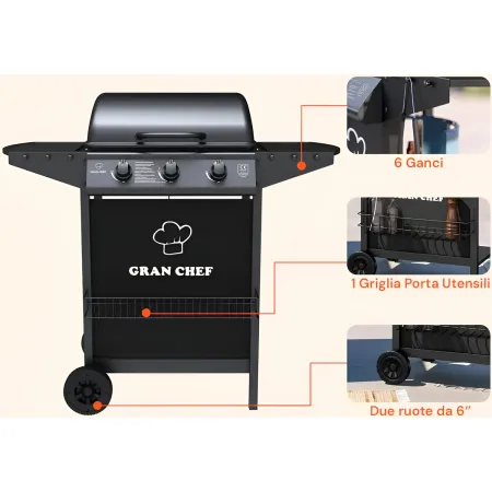 Barbecue a Gas da Esterno 107x55x95,5H cm a 3 Fuochi Acciaio Nero