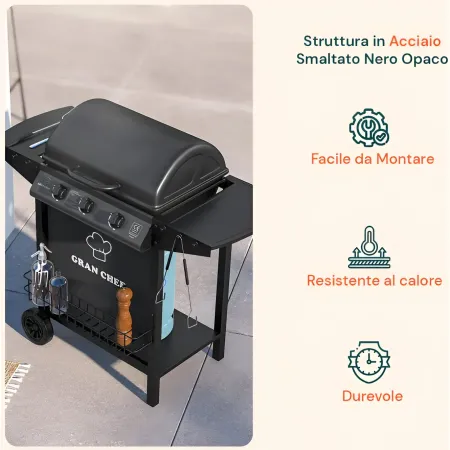 Barbecue a Gas da Esterno 107x55x95,5H cm a 3 Fuochi Acciaio Nero