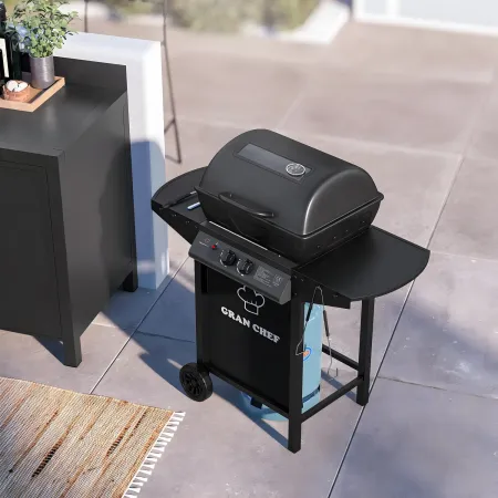 Barbecue a Gas da Esterno 97x51x100H cm a 2 Fuochi in Acciaio Nero
