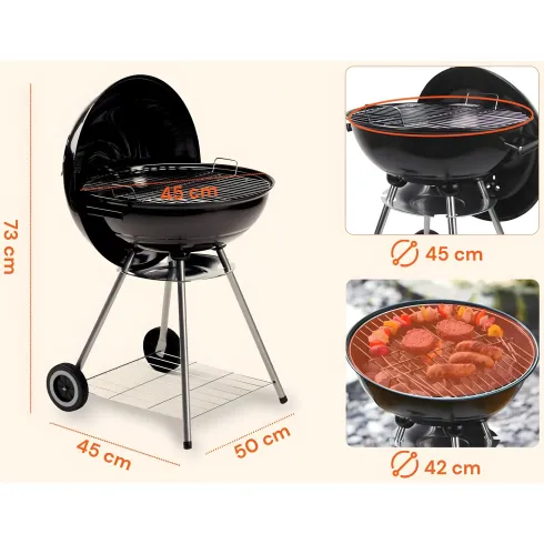 Barbecue Tondo Carbone Giardino Legna Carbonella Carrello Grigliata Griglia 45cm