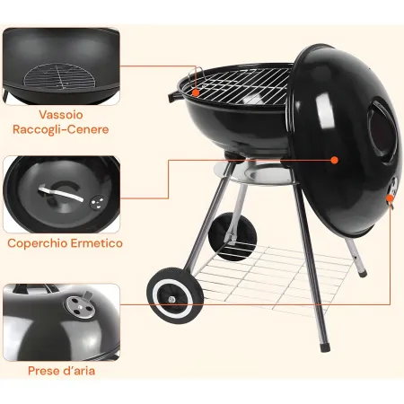 Barbecue Tondo Carbone Giardino Legna Carbonella Carrello Grigliata Griglia 45cm
