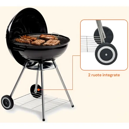 Barbecue Tondo Carbone Giardino Legna Carbonella Carrello Grigliata Griglia 45cm