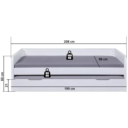 Letto Singolo Bianco con Cassettone Contenitore Estraibile da Cameretta