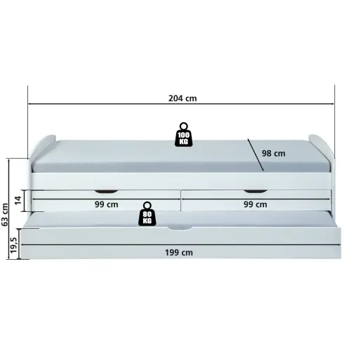 Struttura 2 Letti singoli 90x200 cm Bianco con Cassetti