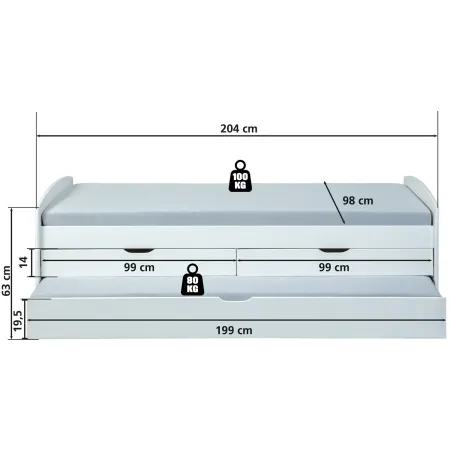 Struttura 2 Letti singoli 90x200 cm Bianco con Cassetti
