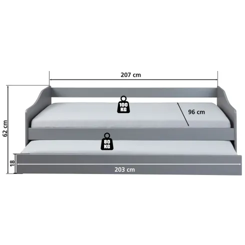 Letto Singolo 90x200 Salvaspazio Struttura Grigio con Cassettone Estraibile