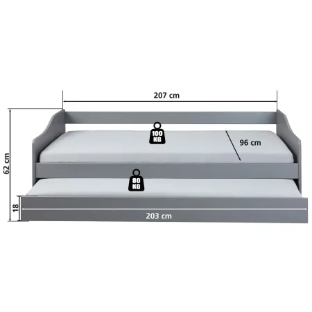 Letto Singolo 90x200 Salvaspazio Struttura Grigio con Cassettone Estraibile