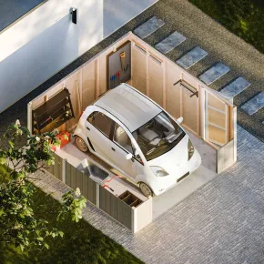 Garage in Legno Grezzo 368x354 cm a Pannelli Box con Porta Elettrica 2