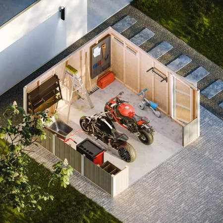 Garage in Legno Grezzo 368x354 cm a Pannelli Box con Porta Elettrica