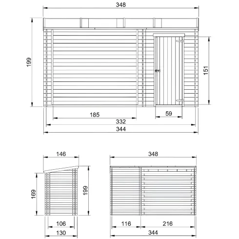 Casetta in Legno Grezzo 344x130 cm con Tetto Bitumato Legnaia Esterna
